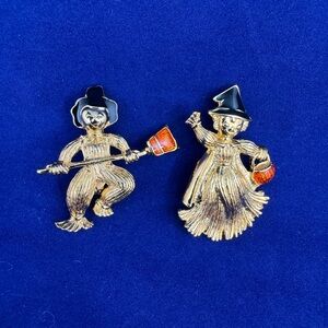Vintage 1992 Avon Halloween Scarecrow Brooch Pin Set - Gold Tone & Enamel